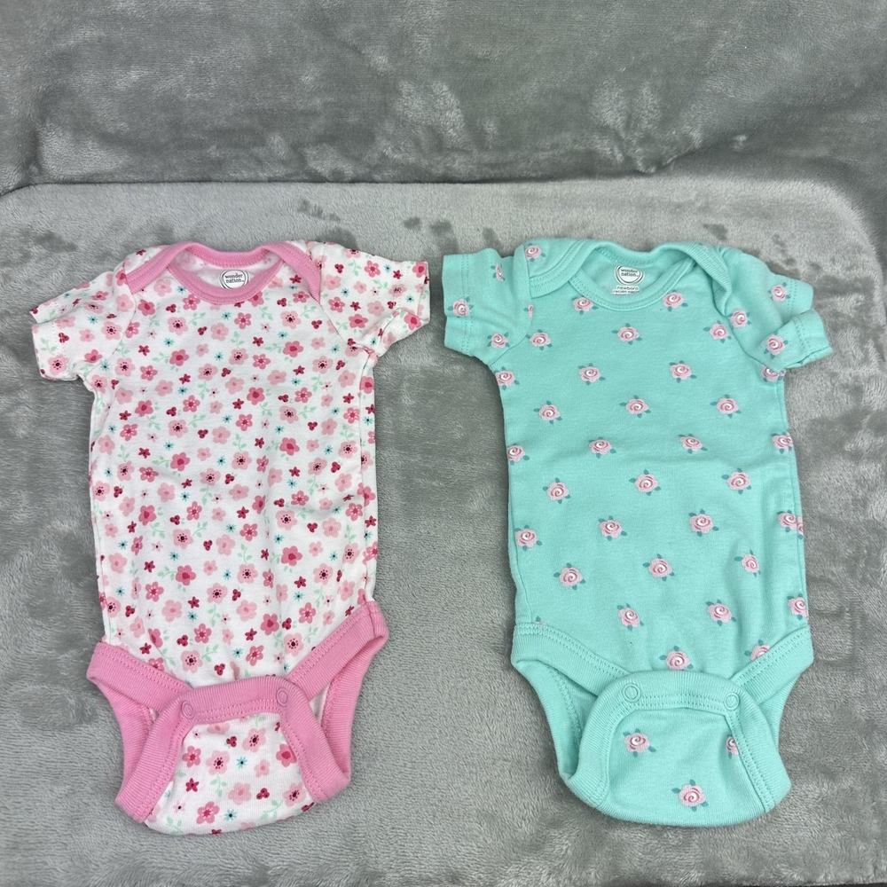Wonder Nation Set Of 2 Bodysuit Girls Newborn Pink Green Floral